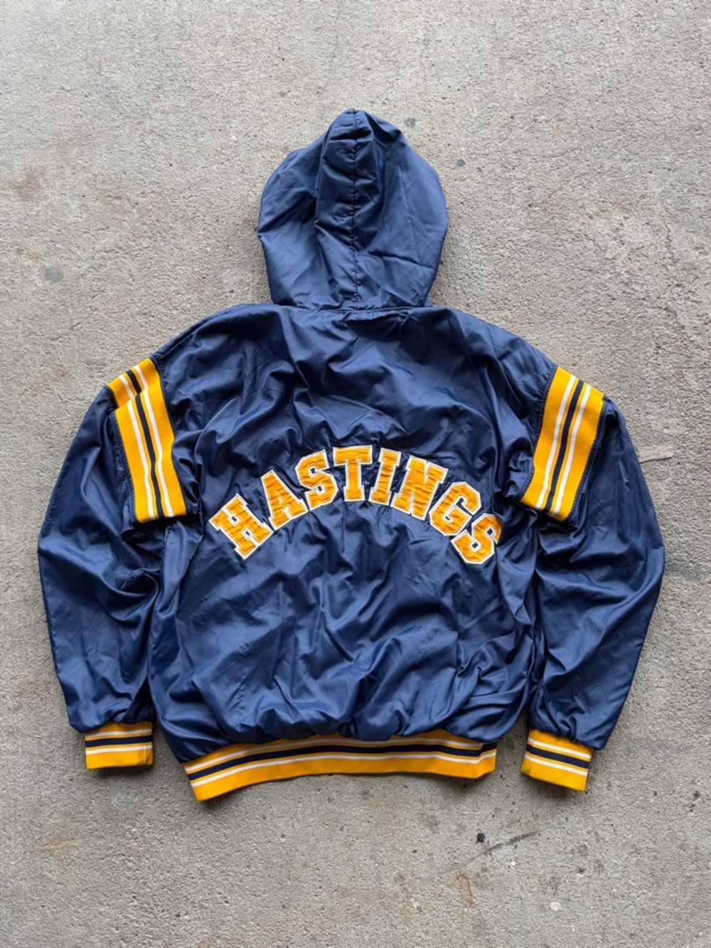 Vintage 90s Russell Athletic Navy and Gold Hooded Jacket Hastings Lettering XXL